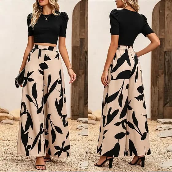 Conjunto De 2 Peças Verão Roupa Feminino Top Preta Tricotada E Calça Pantalona Estampa De Folha