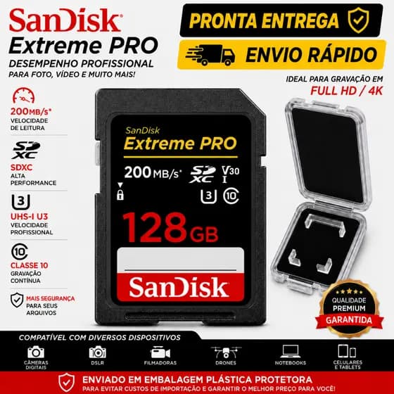 Cartão de Memória SD Sandisk 32gb 64gb 128gb 256GB 512Gb Extreme Pro SDXC UHS-I 200MB/s Classe 10 U3 V30 4K UHD Full HD
