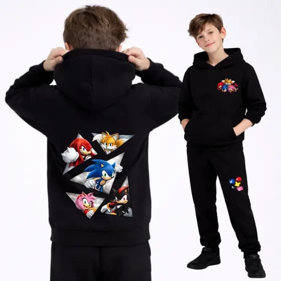Conjunto Moletom Infantil Sonic com Capuz Blusa e Calça Quentinho Estampa Alta Qualidade