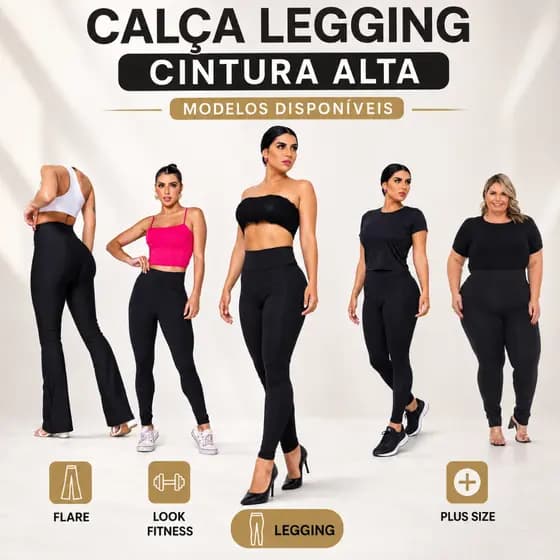 Calça Legging Feminina Cintura Alta Normal ou Flare Lisa e Flanelada M ao G3
