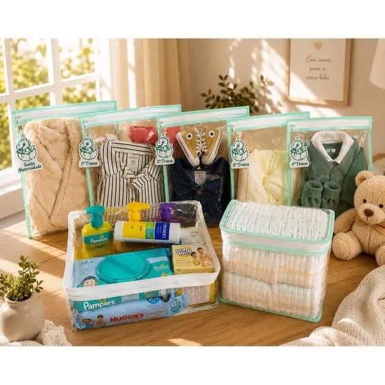 Kit Organizador Maternidade 5 SAQUINHO + 5 TAG + 1 PORTA FRALDA + 1 NECESSAIRE Bebê Mala Transparente