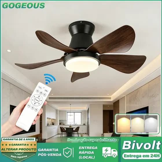 GOGEOUS 110V-220V Ventilador De Teto Luz Lâmpada 3 Cores 24 polegadas Com Controle Remoto e Silencioso e Econômico