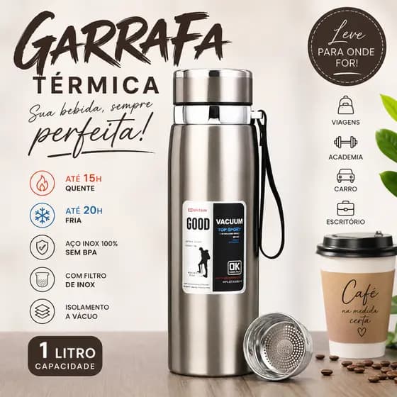 Garrafa Térmica Inox 1000ML com Infusor Parede Dupla para Água e Café