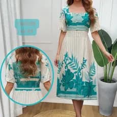 Vestido Feminino Midi Gola Quadrada Moda Evangelica Cristã Elegante Casual Com Bolso