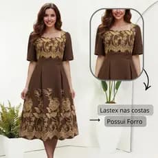 Vestido Feminino Estampado Midi Evangelico Gola Quadrada Social Elegante Forrado
