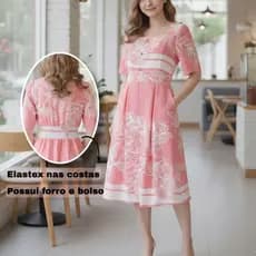 Vestido Feminino Manga Curta Moda Cristã Floral Com Lastex E Forrado