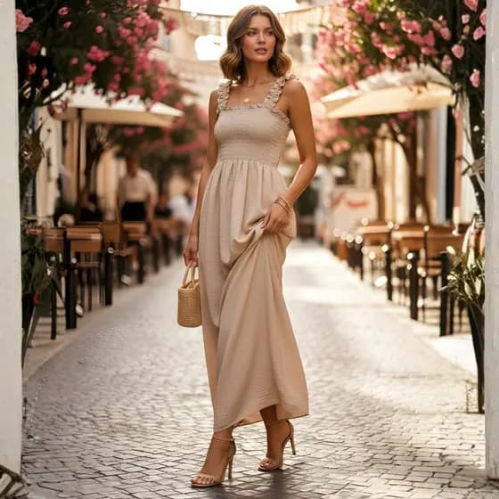 Vestido Midi com Busto em Lastex Cropped Alça com Babado Romantico Camponesa Longo Duna Leve