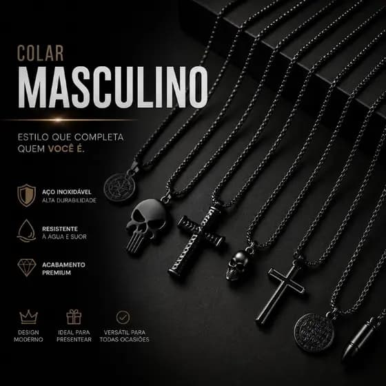 COLAR MASCULINO EM AÇO INOXIDÁVEL PRETO CAVEIRA CRUZ ROCK MOTOCLUBE PRESENTE DIA DOS PAIS