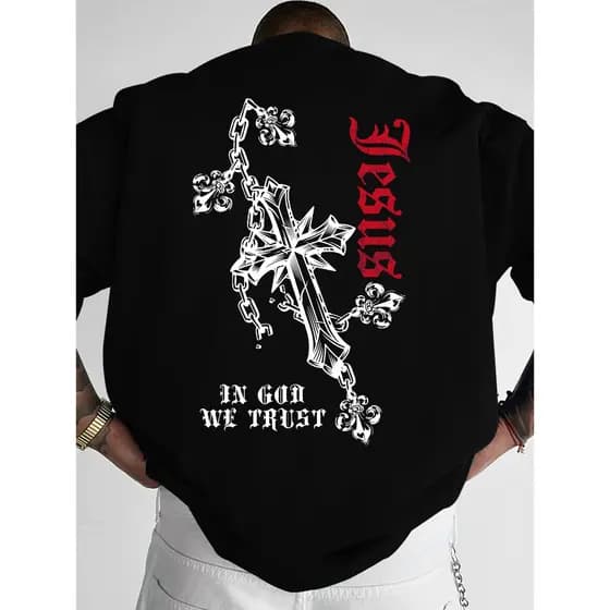 Camiseta 100% algodão de Homem, Estilo Dark IN GOD WE TRUST T-Shirt com Estampa Temática de Fé Envio Rapido