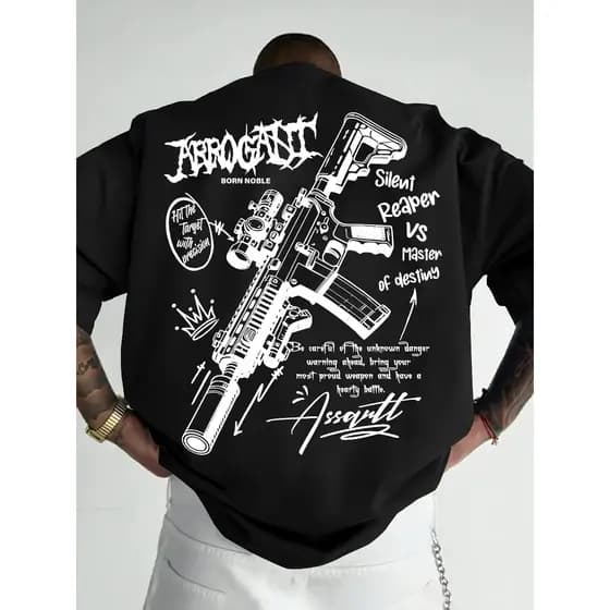 Camiseta 100% Algodão de Streetwear Trendy com Elementos Graffiti M4 Divertidos e Padrões de Letras Manuscritas
