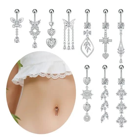 | bijuterias femininas | 【piercing umbigo】 ▼Prata na moda novo estilo de aço inoxidável umbigo prego estilo longo incrus