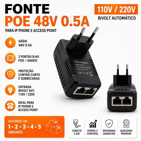 Fonte Poe 48v 0.5a 110/220v Bivolt RJ45 Câmera IP Kit Access Point telefone IP promoção .