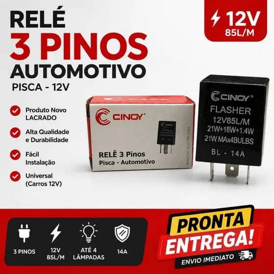 Relê Pisca 3 Pinos 12V 14A Universal CINOY Automotivo Seta Carro Moto