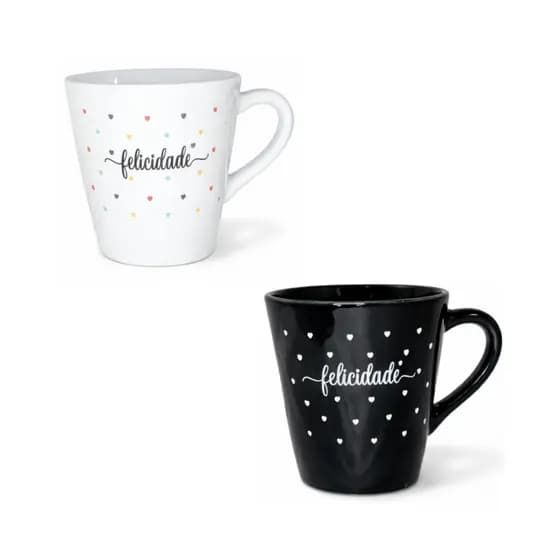 Kit 2 Canecas Xícara Tulipa Chá Café Porcelana Felicidade Premium 140ml - Decorada