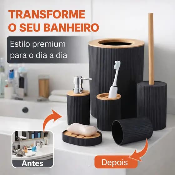 Kit Banheiro 6 Peças Bambu Preto Completo Acessórios Banheiro Porta Escova Saboneteira Lixeira