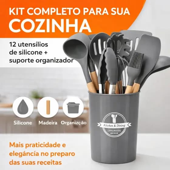 Kit Utensílios Premium Silicone 12 Peças | Resistente ao Calor | Cozinha Moderna