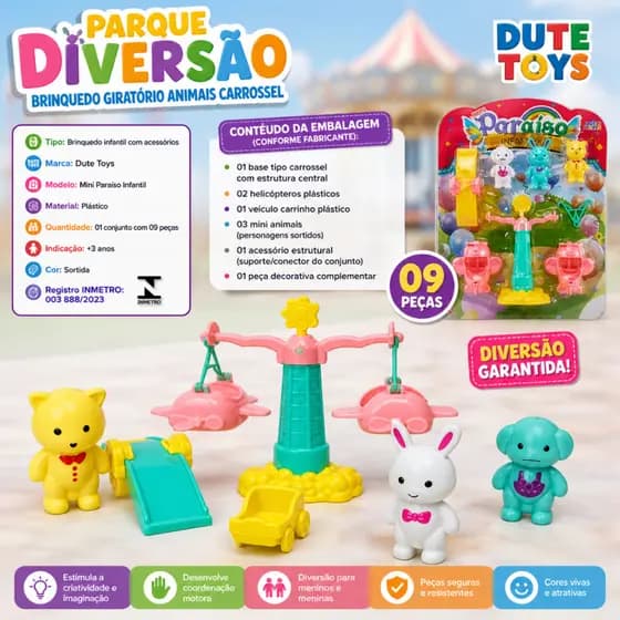 Parque Diversões Infantil Brinquedo Giratório Animais Carrossel Colorido Divertido Crianças