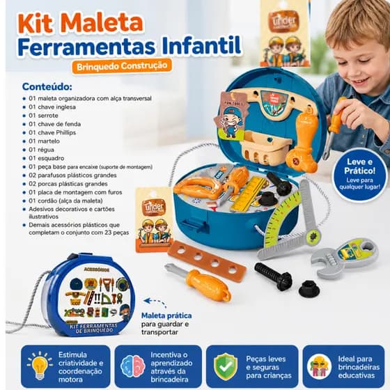 Kit Maleta Ferramentas Infantil Brinquedo Educativo Construção Criativa Portátil Crianças