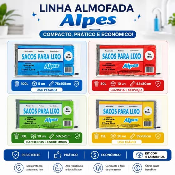 Kit com 4 Pacotes (pack) Saco De Lixo Alpes nos tamanhos 15L/ 30L/ 50L/ 100L Reforçado Econômico Resistente