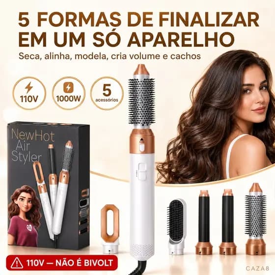 Escova Modeladora 5 em 1 110V 1000W Branca Dourada com 5 Acessórios Seca Alinha Modela Cabo Fixo para Cabelo