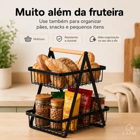 Fruteira de Mesa 2 Andares em Aço Inoxidável com Alça de Madeira, Desmontável e Multiuso, Organizador Aramado para Fruta