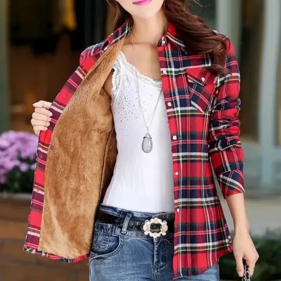 Nova camisa feminina de flanela, forro de lã quente, mangas compridas, padrão xadrez, camisa com botões GQAP