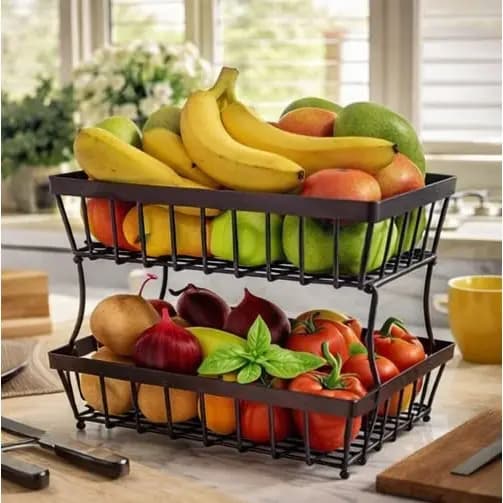 🔥 Fruteira De Mesa Cozinha 2 Andares Preta Metálica Luxo Organizador