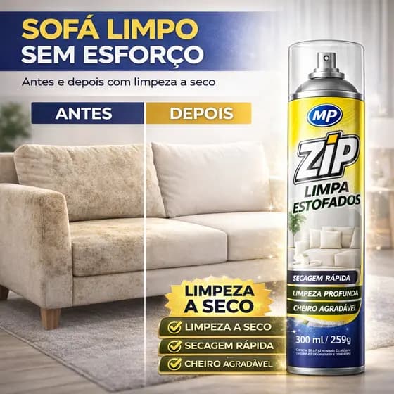 Limpa Estofados Zip Clean 300ml Espuma Seca Tira Mancha Forte Sofá Banco Carro Colchão Tapete