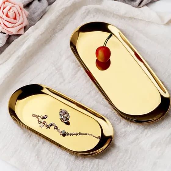 Kit 5 Bandeja Aco Inoxidavel Luxo Decorativa para Jóias Alimentos Dourado