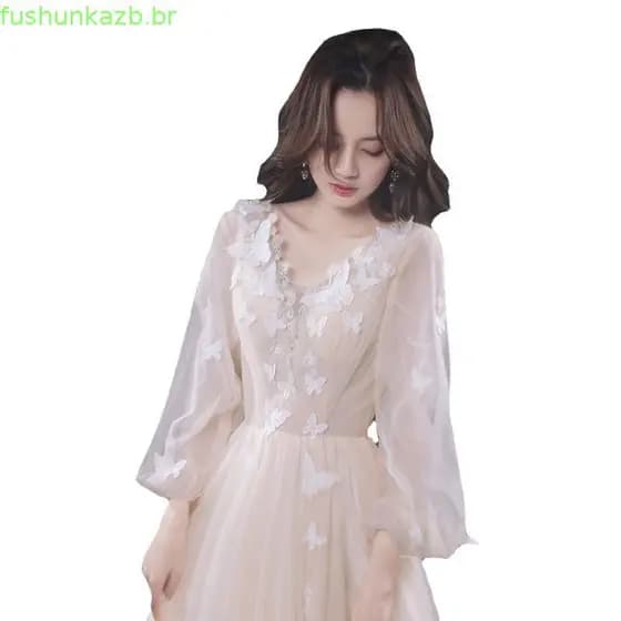 Elegante Vestido De Noite De Manga Comprida Para Mulheres Champanhe Borboleta Decoração Longo Vestidos De Baile Festa De