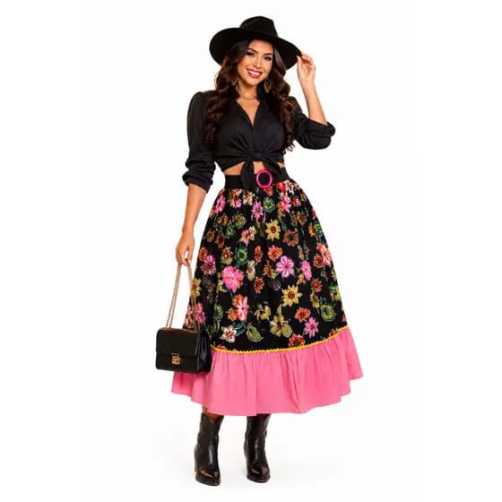 Saia Festa Junina Feminina Midi Floral Preta Rosa Country Rodeio