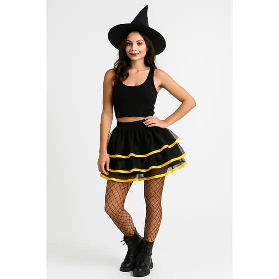Saia Tutu Preta Com Fita Dourada Fantasia Carnaval Halloween