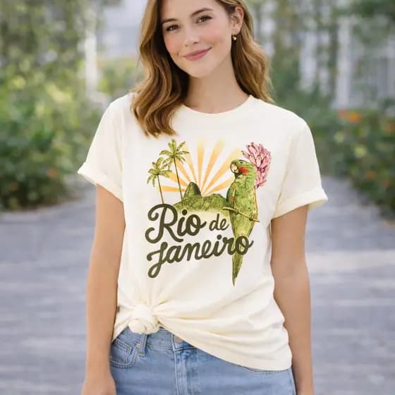 Camiseta Rio de Janeiro Tropical T-shirt Feminina – Estampa Arara Floral Algodão Premium