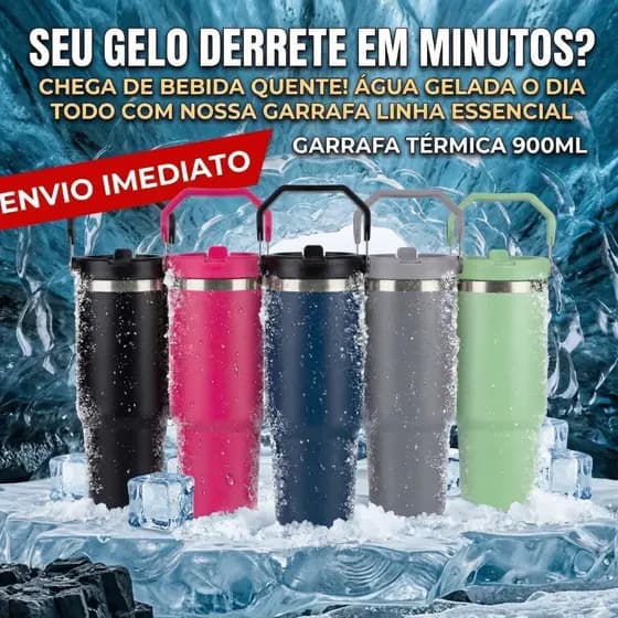 Garrafa Térmica 900ml Inox com Canudo Parede Dupla Academia Trabalho Alça Antivazamento