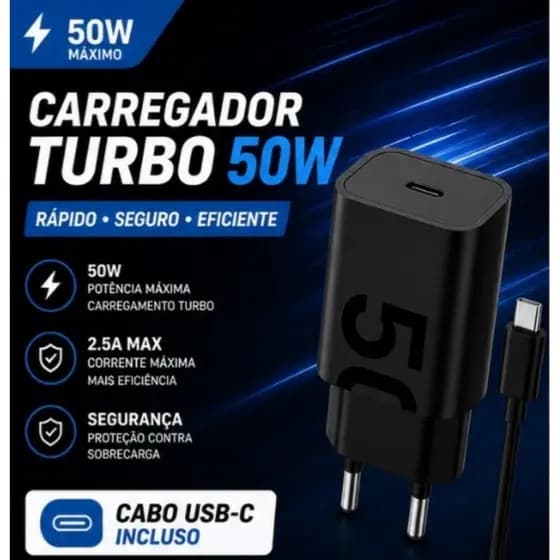 Carregador Turbo Tipo C 2.5A Rápido + Cabo Reforçado | iPhone Samsung Motorola Android