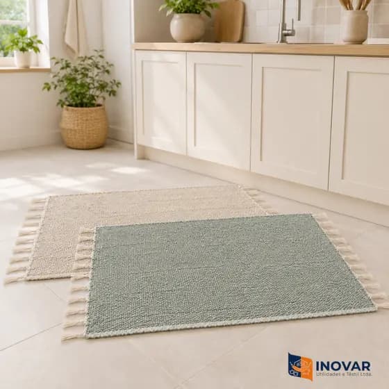 Kit 2 Tapetes Multiuso 100% Algodão 70x45cm Lavável Tear Manual Cozinha Banheiro Sala Corredor
