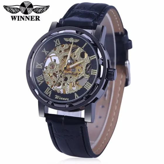 Win ner Europeu Americano Numerais Romanos Oco Retro Cinto Manual Relógio Mecânico