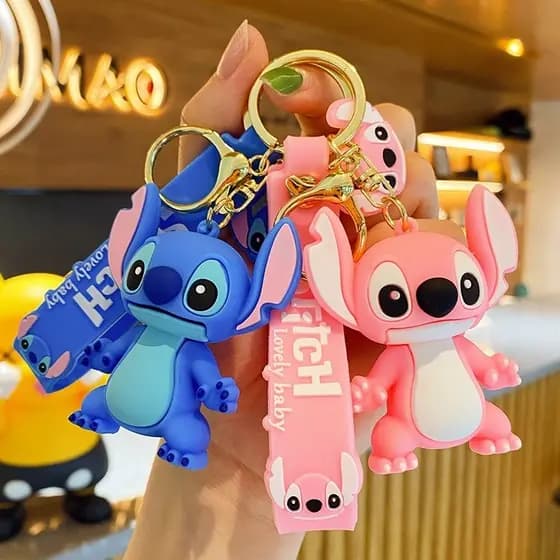 Chaveiro Stitch Angel Lilo Casal 3D-Stitch Tema Presente para Festa Aniversário Chá de Bebê Mimo-Rosa/Azul