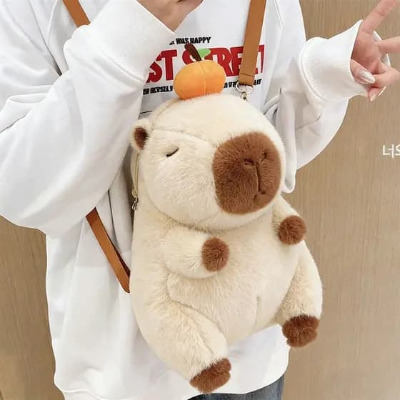 Kawaii Mochila Bolsa Capivara Pelúcia com Uma Laranja Na Cabeça-Macia-Grande 35cm-Bolsa Infantil Para Passeio Escolar