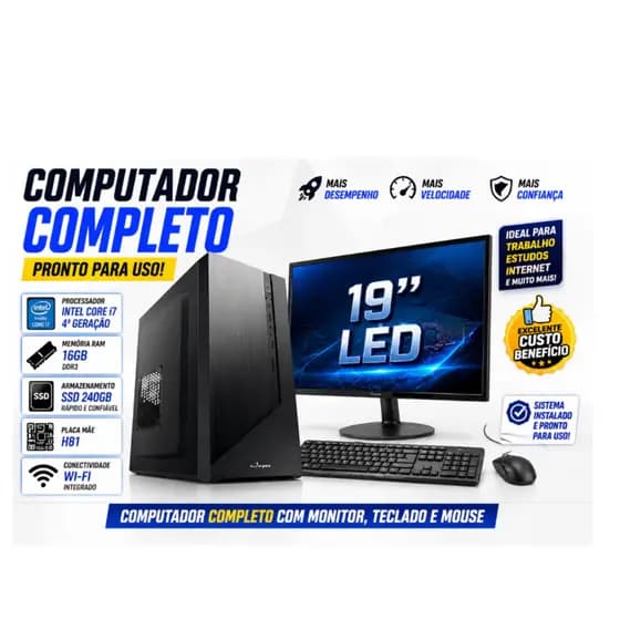 COMPUTADOR COMPLETO INTEL CORE 4ª I7 GERAÇÃO H81 16GB RAM SSD 240GB MONITOR 19'' WIFI