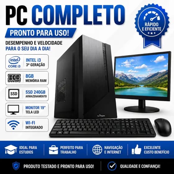PC Completo Intel i3 8GB SSD 240GB Monitor 19" WiFi – Rápido para Estudos, Trabalho e Internet