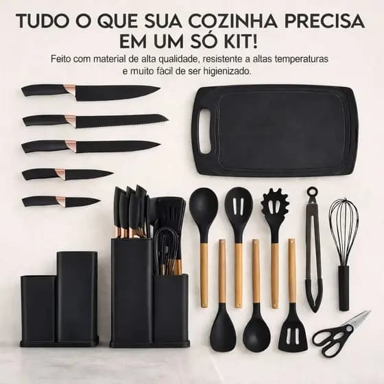 Kit 19 Peças Utensílios de Cozinha Silicone Cabo de Madeira Jogo Completo Antiaderente