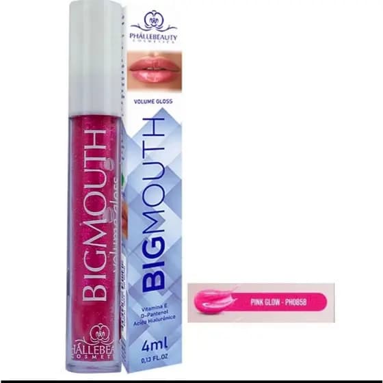 GLOSS VOLUMÃO PHALLEBEAUTY BIGMOUTH COM GLITER ROSA BRILHO LABIAL BOCA GRANDE VOLUME BRILHOSO ARDENTE