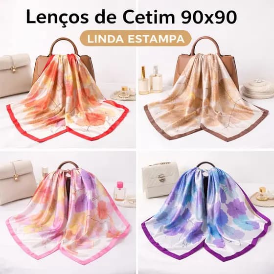 Lenço Feminino 90x90 Cetim Estampa Folhas Elegante Moda Verão Cabelo Pescoço Bolsa