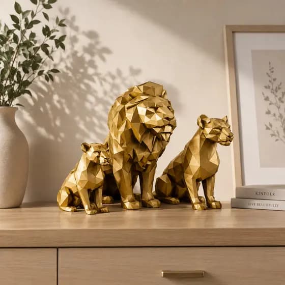 Kit Leão Família Decorativo Luxo Sala Escritório Presente Moderno Dourado