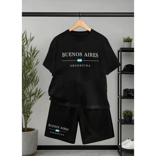 Conjunto Masculino BuenosAires Argentina Premium 100% Algodão Camiseta, BermudaCasualVerãoStreetwear