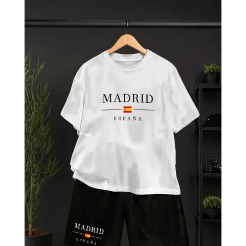 Conjunto Masculino Madrid Espanha Premium 100% Algodão Camiseta e Bermuda Casual Verão Streetwear