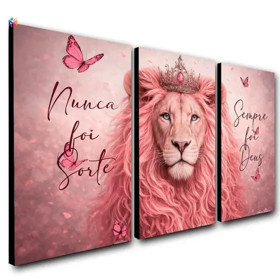 Quadro Decorativo Leão Rosa Borboletas Nunca foi Sorte Decoração Sala Quarto Escritório