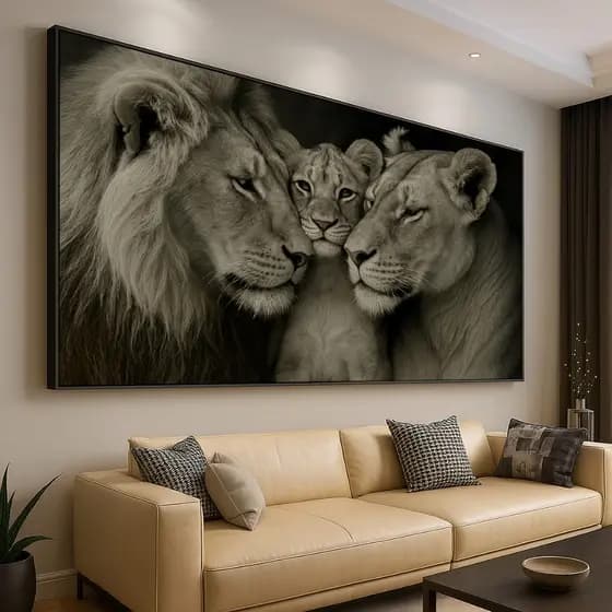 Quadro Decorativo GRANDE Alta Resolução Escritório Quadro Familia Leão Leoa e filhote Preto e Branco