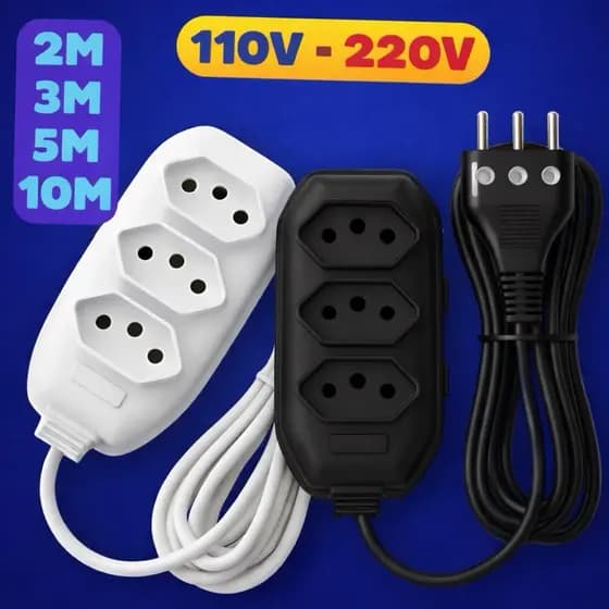 Extensão Elétrica 10A Bivolt Tripolar 3mt 5mt 10mt Preta ou Branca Tomada Energia Cabo grosso